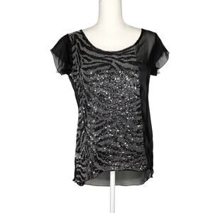 Replay Original Clothing Mfg Co Silk Black Gray Sequin Sheer Short Sleeve Top